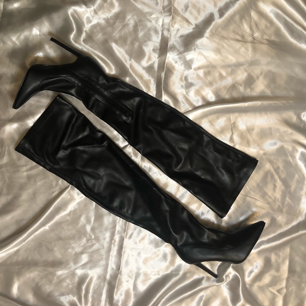 Black Faux Leather Thigh High Boot Heels | Miss Lola